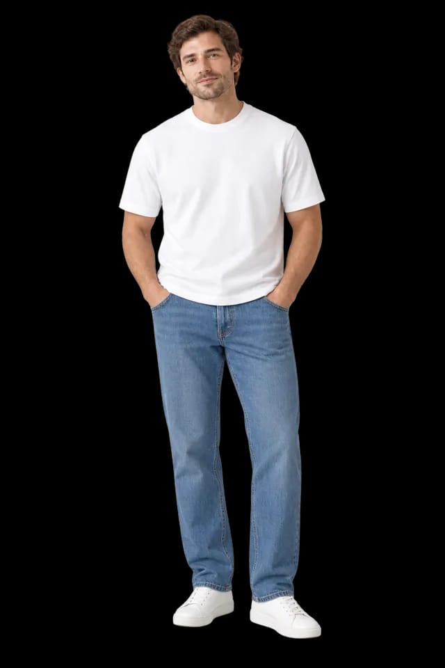 A model wearing the white cotton tee and blue straight jeans with white leather sneakers.