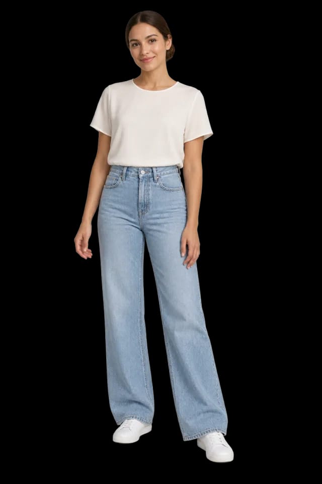 Femme portant un chemisier ivoire et un jean bleu large