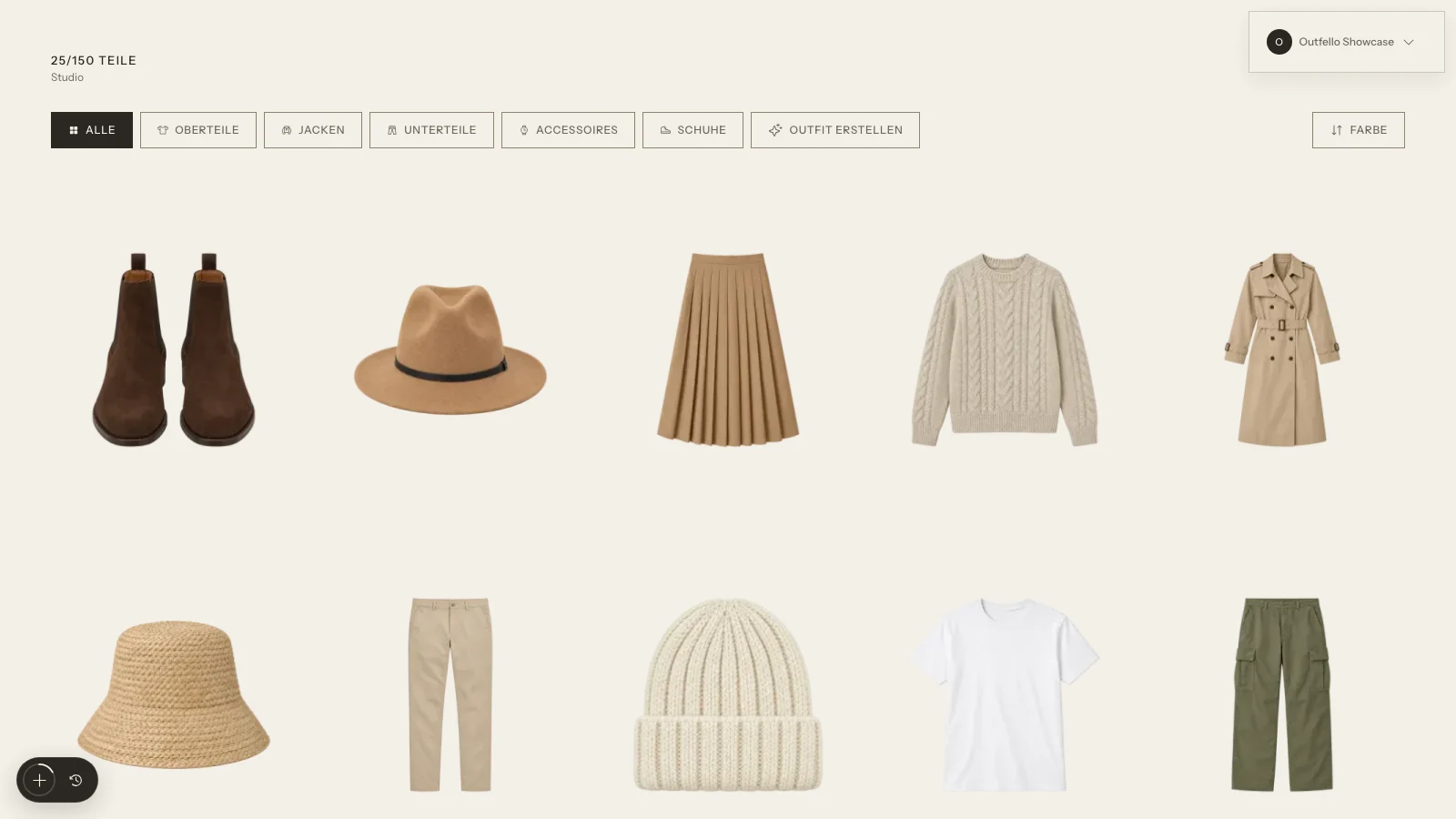 Die Galerie von Outfello: ein Raster freigestellter Kleidungsstücke, gefiltert nach Kategorie.