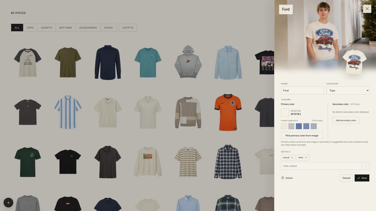An item opened in the editor, showing a modeled photo beside name, category, colour and tag fields.