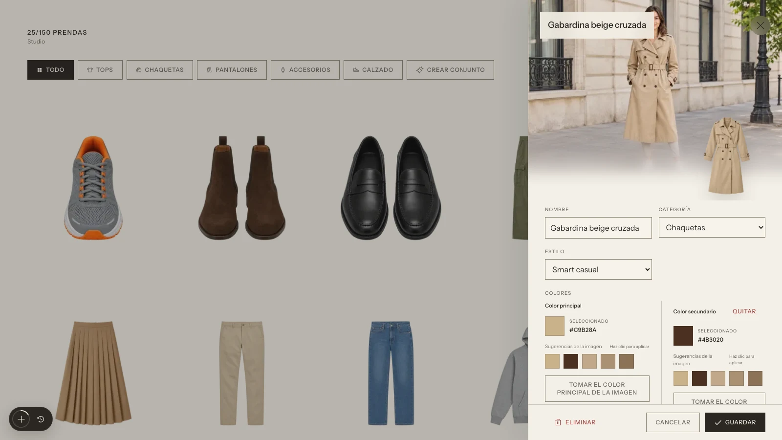 Una prenda abierta en el editor de Outfello, con su prueba virtual junto a los campos de nombre, categoría, color y etiquetas