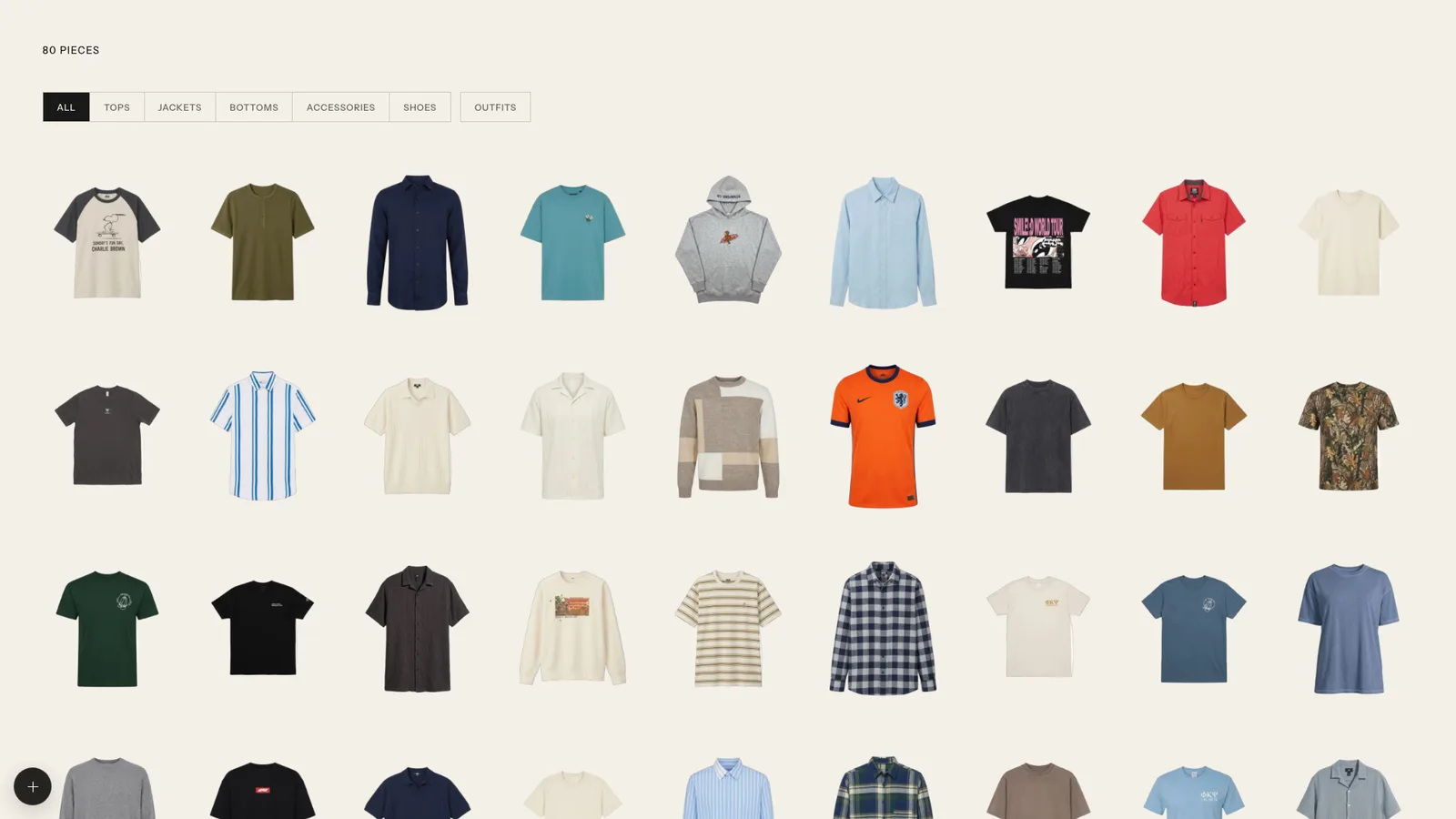 The Outfello gallery: a grid of cut-out garments filtered by category.